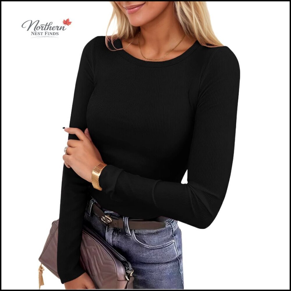 Long Sleeve Ribbed Knit Crewneck Slim Fit T-Shirt for Women